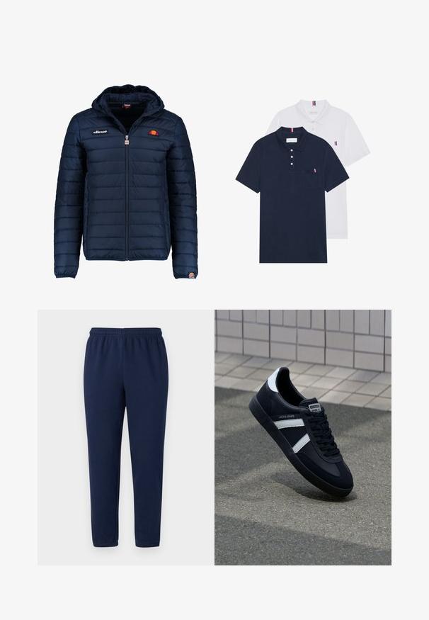 Navy blue puffer jacket with a hood, zip closure, channel stitching, and logo accents on the chest and sleeve. Soft, textured fabric.; Two polo shirts: one navy blue and one white, both with a small red, white, and blue accent on the chest pocket and collar.; Navy blue sweatpants in a soft cotton blend, featuring an elastic waistband and tapered legs, with no visible patterns or accents.; Black leather sneaker with white stripes, textured rubber sole, and lace-up front. Features a branded label on the tongue.