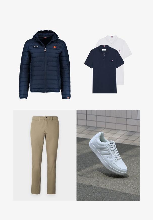 Temno modra napihnjena jakna s kapuco, z zadrgo, kanalnim šivom in logotipom na prsih in rokavu. Mehka, teksturirana tkanina.; Dve polo majice: ena mornarsko modra in ena bela, obe z majhnim rdečim, belim in modrim poudarjanjem na žepu in ovratniku.; Khaki chinos iz mešanice bombaža, s ravnim krojem, standardnim pasom z gumbom in stranskimi žepi.; Bela atletska teniska obutev z gladkim usnjenim zgornjim delom, vezanjem spredaj, perforiranim prstom in vzorčastim podplatom. Minimalistična zasnova s tremi stranskimi črtami.