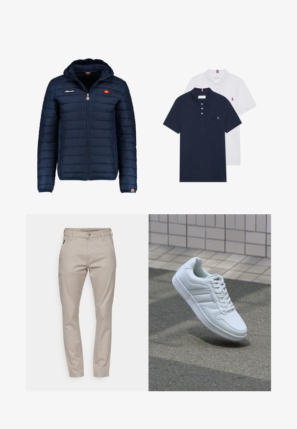 Casaco puffer azul marinho com capuz, fecho de correr, costura em canais e detalhes do logo no peito e na manga. Tecido macio e texturizado.; Duas camisetas polo: uma azul-marinho e uma branca, ambas com um pequeno detalhe em vermelho, branco e azul no bolso do peito e na gola.; G-STAR SKINNY CHINO 2.0 - Chinos - rock ridge; Sapatilha desportiva branca com parte superior em couro liso, frente com atacadores, bico perfurado e sola padronizada. Design minimalista com três riscas laterais.