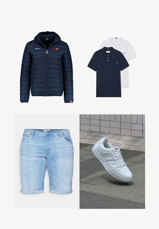 Tums zilā puffer jaka ar kapuci, rāvējslēdzēja aizdare, kanālu šuvēm un logotipa akcentiem uz krūtīm un piedurknēm. Mīksta, teksturēta auduma.; Divas polo kreklu komplekts: viens tumši zils un viens balts, abi ar mazu sarkanu, baltu un zilu akcentu uz krūšu kabatas un apkakles.; Gaisblue džinsu šorti ar apgrieztām malām, piecu kabatu dizainu un nolietotu tekstūru. Iekļauj priekšējo pogu aizdari un jostas cilpas.; Balti sporta apavi ar gludu ādas virsu, sasienamais priekšpuse, perforēts purngals un rakstaina zole. Minimālisma dizains ar trim sānu svītrām.