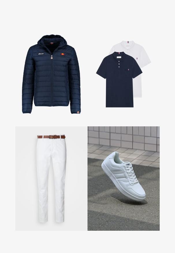 Casaco puffer azul marinho com capuz, fecho de correr, costura em canais e detalhes do logo no peito e na manga. Tecido macio e texturizado.; Duas camisetas polo: uma azul-marinho e uma branca, ambas com um pequeno detalhe em vermelho, branco e azul no bolso do peito e na gola.; Calças brancas de algodão com corte reto, apresentando um cinto de couro castanho. O tecido tem uma textura suave e um design clássico.; Sapatilha desportiva branca com parte superior em couro liso, frente com atacadores, bico perfurado e sola padronizada. Design minimalista com três riscas laterais.