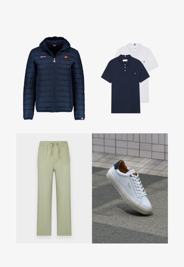 Dunkelblaue Daunenjacke mit Kapuze, Reißverschluss, Kastensteppnähten und Logo-Akzenten auf der Brust und dem Ärmel. Weicher, strukturierter Stoff.; Zwei Poloshirts: eines in marineblau und eines in Weiß, beide mit einem kleinen rot, weiß und blauen Akzent auf der Brusttasche und dem Kragen.; Hosen in hellolivgrün, aus weichem Stoff gefertigt. Verfügt über einen elastischen Bund mit Kordelzug und gerade, lockere Beine.; Weiße Ledersneaker mit navyfarbenem Fersenbereich, runder Zehenpartie und kontrastierenden braunen Akzenten. Verfügt über flache Schnürsenkel und eine strukturierte Gummisohle.