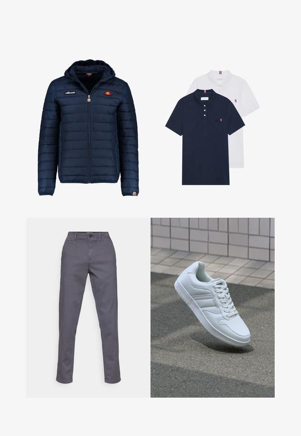 Tums zilā puffer jaka ar kapuci, rāvējslēdzēja aizdare, kanālu šuvēm un logotipa akcentiem uz krūtīm un piedurknēm. Mīksta, teksturēta auduma.; Divas polo kreklu komplekts: viens tumši zils un viens balts, abi ar mazu sarkanu, baltu un zilu akcentu uz krūšu kabatas un apkakles.; Pelēkas kokvilnas bikses ar taisnu piegriezumu, kas aprīkotas ar pogu aizdari, jostu cilpām un sānu kabatām. Gluda tekstūra un bez redzamām rakstu uzdrukām.; Balti sporta apavi ar gludu ādas virsu, sasienamais priekšpuse, perforēts purngals un rakstaina zole. Minimālisma dizains ar trim sānu svītrām.