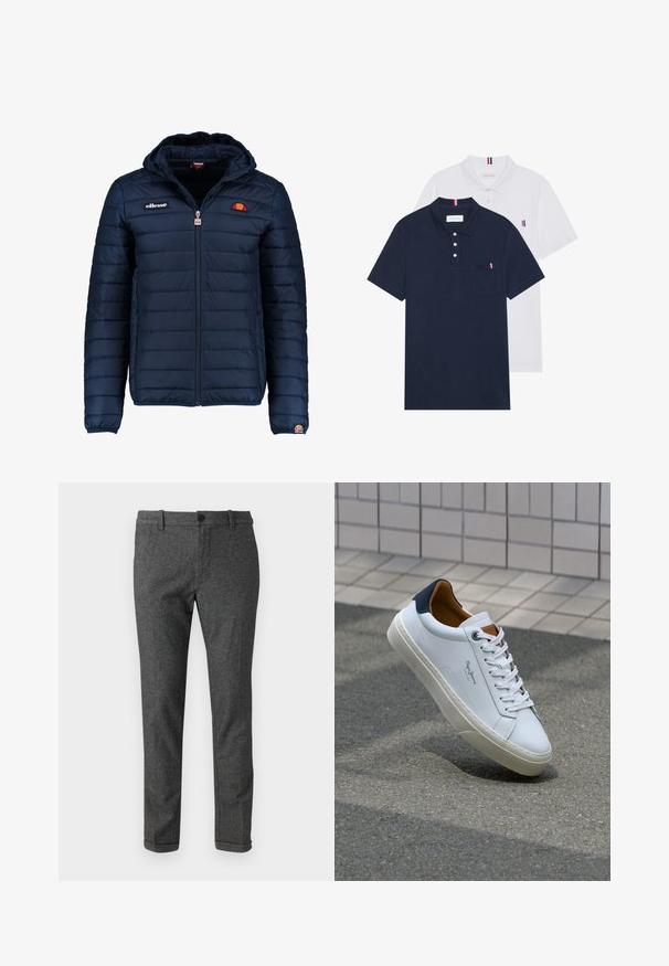 Mornaricnoplava pufasta jakna s kapuljačom, zatvaranje na zip, kanalno šivanje i akcenti s logom na prsima i rukavu. Mekani, teksturirani materijal.; Dva polo majice: jedna tamnoplava i jedna bijela, obje s malim crveno-bijelim-plavim naglaskom na džepu i ovratniku.; Sive hlače od vune s uskim fitom, s ravnim prednjim dijelom, kopčanjem na gumbe i završenim rubovima. Suptilna tekstura i klasičan dizajn.; Bijela kožna tenisica s mornarskom petom, okruglim vrhom i kontrastnim smešnim akcentima. Sadrži ravne vezice i teksturiranu gumenu potplat.