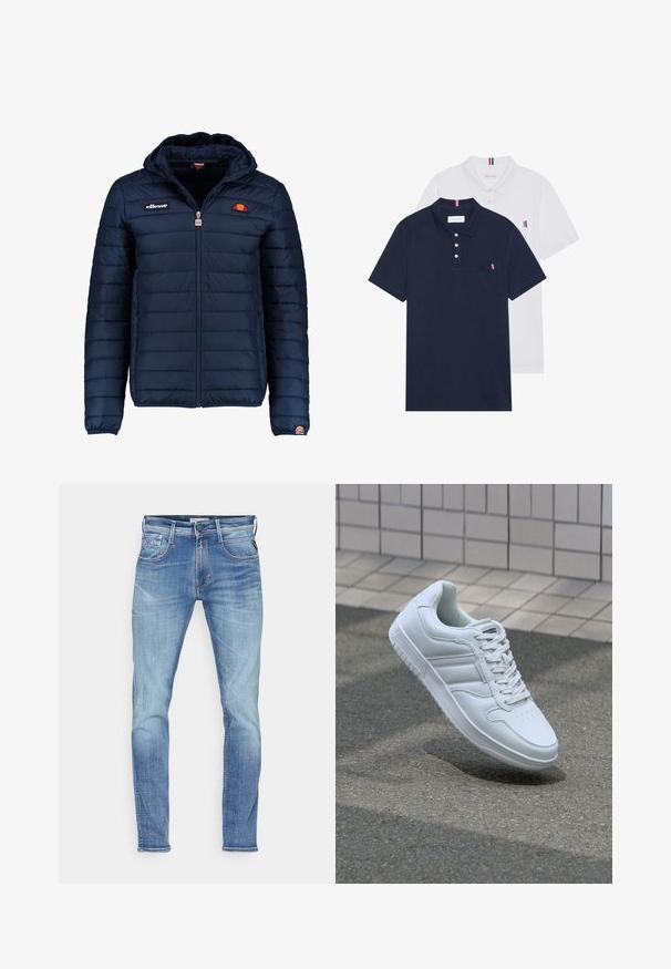 Marineblå puffjakke med hette, glidelås, kanalsøm og logoaksenter på brystet og ermet. Mykt, teksturert stoff.; To polo skjorter: en marineblå og en hvit, begge med en liten rød, hvit og blå aksent på brystlommen og kragen.; Lyseblå denimjeans med slim fit, som har fem lommer, knappelukking og subtil bleking over hele stoffet.; Hvit atletisk sneaker med glatt skinnoverside, snøring foran, perforert tå og mønstrets såle. Minimalistisk design med tre side-striper.
