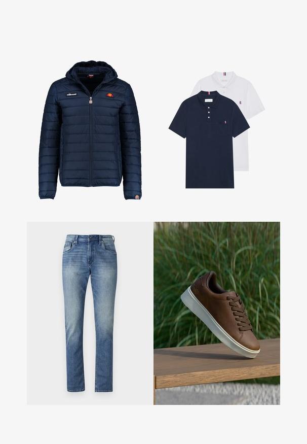 Mornaricnoplava pufasta jakna s kapuljačom, zatvaranje na zip, kanalno šivanje i akcenti s logom na prsima i rukavu. Mekani, teksturirani materijal.; Dva polo majice: jedna tamnoplava i jedna bijela, obje s malim crveno-bijelim-plavim naglaskom na džepu i ovratniku.; Svijetloplavi traperice ravnog kroja, s pet džepova i izblijedjelim pranjem. Imaju zatvaranje na dugme i petlje za remen.; Smeđe kožne tenisice s bijelim gumiranim potplatom, zaobljenim nosom i smešnim vezicama. Teksturirana površina na potplatu i glatka završna obrada na gornjem dijelu.