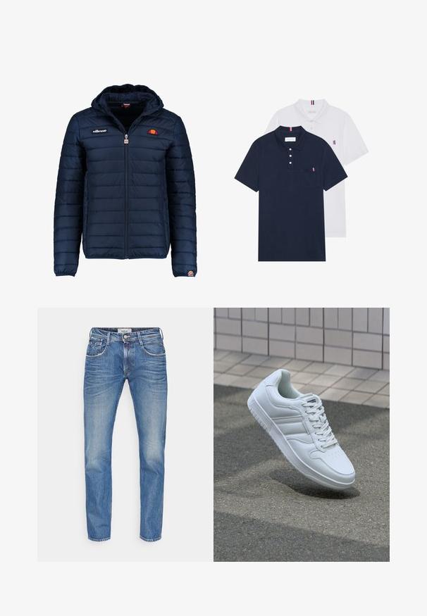 Chaqueta acolchada azul marino con capucha, cierre de cremallera, costuras en canales y acentos de logo en el pecho y la manga. Tejido suave y texturizado.; Dos camisetas polo: una de color azul marino y otra blanca, ambas con un pequeño acento en rojo, blanco y azul en el bolsillo del pecho y el cuello.; Jeans de denim azul con un diseño de pierna recta. Cuenta con cinco bolsillos, costuras en contraste y un cierre de botón en la cintura. Textura suave.; Zapatilla atlética blanca con parte superior de cuero suave, cierre de cordones en el frente, puntera perforada y suela con patrón. Diseño minimalista con tres rayas laterales.