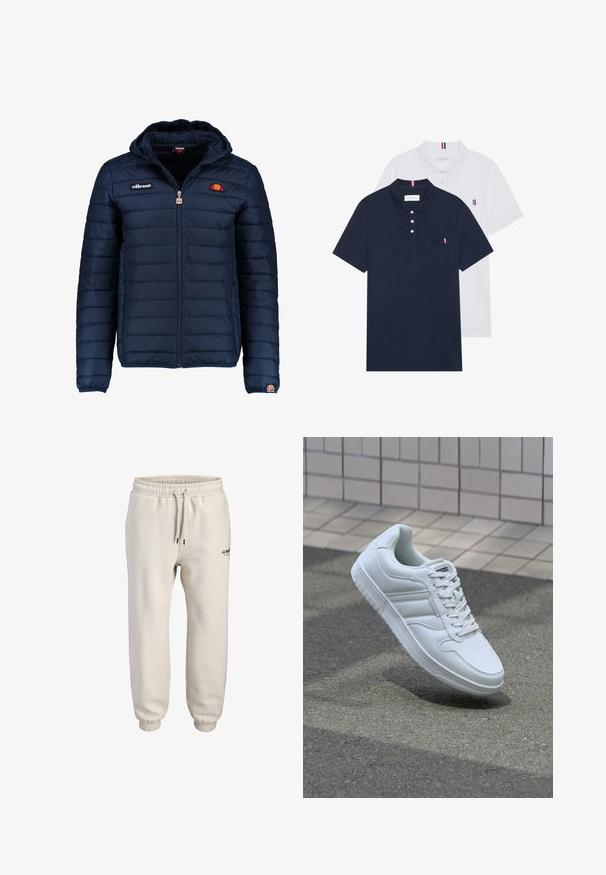 Tummansininen puhvitakki, jossa on huppu, vetoketjukiinnitys, kanavapistoilu ja logoteemaiset yksityiskohdat rinnassa ja hihassa. Pehmeä, teksturoitu kangas.; Kaksi polo-paitaa: yksi tummansininen ja yksi valkoinen, molemmissa pieni punainen, valkoinen ja sininen yksityiskohta rintataskussa ja kauluksessa.; Vaaleanbeiget juoksuhousut, jotka on valmistettu pehmeästä kankaasta. Niissä on joustava vyötärö, jossa on naru, ja kapenevat hihansuut. Edessä pieni logo.; Valkoiset urheilukengät, joissa on sileä nahkapinta, nauhakiinnitys edessä, rei'itetty kärki ja kuvioitu pohja. Minimalistinen muotoilu, jossa on kolme sivuraitaa.