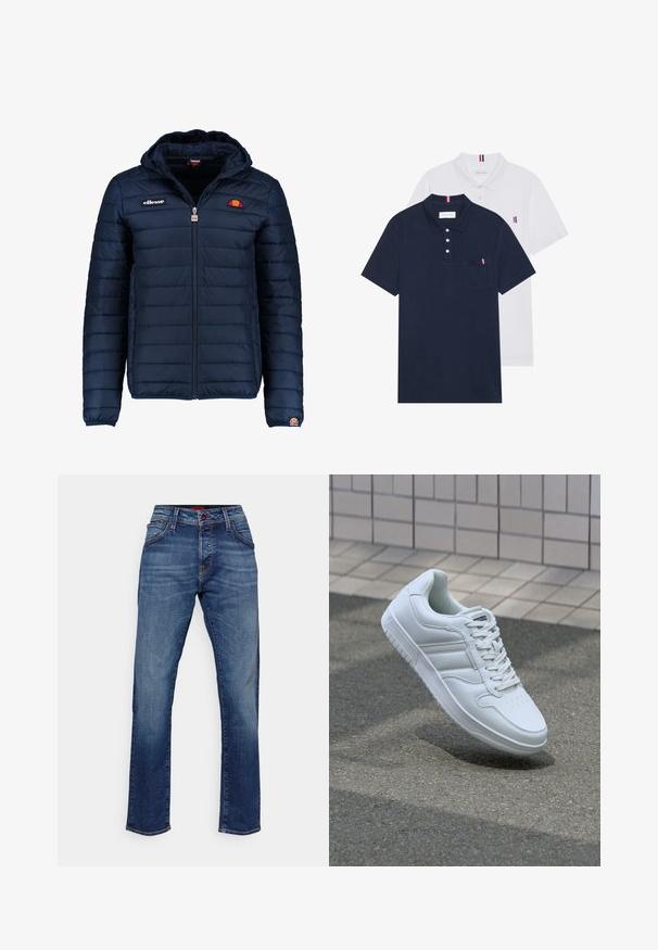 Temno modra napihnjena jakna s kapuco, z zadrgo, kanalnim šivom in logotipom na prsih in rokavu. Mehka, teksturirana tkanina.; Dve polo majice: ena mornarsko modra in ena bela, obe z majhnim rdečim, belim in modrim poudarjanjem na žepu in ovratniku.; Temno modri kavbojki z ravnim krojem, z zadrgo in gumbom na sprednji strani, petimi žepi in diskretno našitimi detajli.; Bela atletska teniska obutev z gladkim usnjenim zgornjim delom, vezanjem spredaj, perforiranim prstom in vzorčastim podplatom. Minimalistična zasnova s tremi stranskimi črtami.