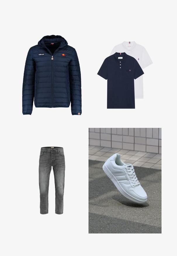 Temno modra napihnjena jakna s kapuco, z zadrgo, kanalnim šivom in logotipom na prsih in rokavu. Mehka, teksturirana tkanina.; Dve polo majice: ena mornarsko modra in ena bela, obe z majhnim rdečim, belim in modrim poudarjanjem na žepu in ovratniku.; Sivi džins s ravnim krojem. Ima pet džepova, dugme na zipu i suptilno izbjeljivanje s teksturiranim završetkom.; Bela atletska teniska obutev z gladkim usnjenim zgornjim delom, vezanjem spredaj, perforiranim prstom in vzorčastim podplatom. Minimalistična zasnova s tremi stranskimi črtami.