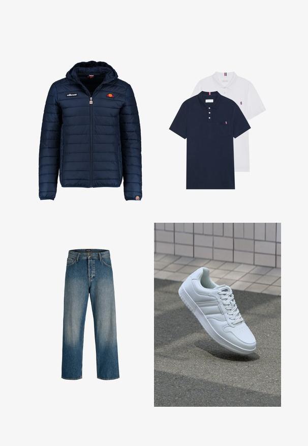 Tumedat sinised puffer jakk kapuutsiga, lukuga suletav, kanalite õmblustega ning logo aktsentidega rinnal ja varrukal. Pehme, tekstuuriga kangas.; Kaks polo särki: üks tumesinine ja üks valge, mõlemal on rinnataskul ja krael väike punase, valge ja sinise aktsent.; Sinine teksapüksid, millel on mugav lõige, sirge sääre disain, peen kerge pleekimine ja brändi vööde tag, mis toob detaili esile.; Valge spordijalanõud silederja nahkvarrega, ninast paeltega, perforatsiooni tõttu ventilatsiooniga ning mustrilise tallaga. Minimalistlik disain, millel on kolm külgmist triipu.