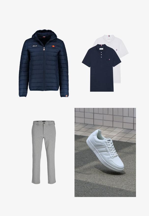 Dunkelblaue Daunenjacke mit Kapuze, Reißverschluss, Kastensteppnähten und Logo-Akzenten auf der Brust und dem Ärmel. Weicher, strukturierter Stoff.; Zwei Poloshirts: eines in marineblau und eines in Weiß, beide mit einem kleinen rot, weiß und blauen Akzent auf der Brusttasche und dem Kragen.; Graue Hosen aus leichtem Stoff, mit geradem Bein, Reißverschluss und einem einzigen Knopfverschluss am Bund.; Weiße sportliche Sneaker mit Obermaterial aus glattem Leder, Schnürfront, durchlöchtem Zehenbereich und gemusterter Sohle. Minimalistisches Design mit drei Seitenstreifen.