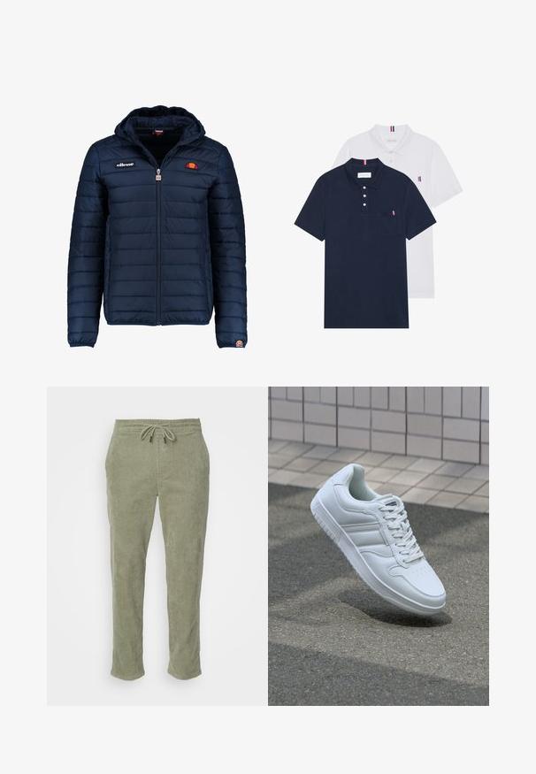 Navy blue puffer jacket with a hood, zip closure, channel stitching, and logo accents on the chest and sleeve. Soft, textured fabric.; Two polo shirts: one navy blue and one white, both with a small red, white, and blue accent on the chest pocket and collar.; Khaki corduroy pants with an elastic waistband, adjustable drawstring, and straight legs. Features pronounced ribbed texture throughout.; White athletic sneaker with smooth leather upper, lace-up front, perforated toe, and patterned sole. Minimalist design with three side stripes.