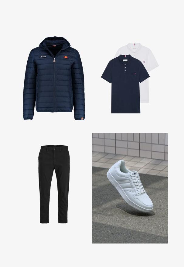 Tummansininen puhvitakki, jossa on huppu, vetoketjukiinnitys, kanavapistoilu ja logoteemaiset yksityiskohdat rinnassa ja hihassa. Pehmeä, teksturoitu kangas.; Kaksi polo-paitaa: yksi tummansininen ja yksi valkoinen, molemmissa pieni punainen, valkoinen ja sininen yksityiskohta rintataskussa ja kauluksessa.; Mustat chinosit, joissa on kapea istuvuus, valmistettu puuvillasta. Varustettu nappisuljennalla, etutaskuilla ja sileällä pinnalla. Siisti muotoilu ilman kuvioita.; Valkoiset urheilukengät, joissa on sileä nahkapinta, nauhakiinnitys edessä, rei'itetty kärki ja kuvioitu pohja. Minimalistinen muotoilu, jossa on kolme sivuraitaa.