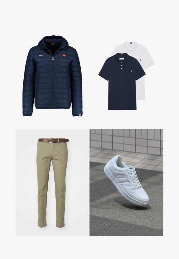 Marineblå puffjakke med hette, glidelås, kanalsøm og logoaksenter på brystet og ermet. Mykt, teksturert stoff.; To polo skjorter: en marineblå og en hvit, begge med en liten rød, hvit og blå aksent på brystlommen og kragen.; Olivengrønne bomullsbukser med slim fit, med et brunt skinnbelte. Glatt tekstur, uten synlige mønstre eller aksenter.; Hvit atletisk sneaker med glatt skinnoverside, snøring foran, perforert tå og mønstrets såle. Minimalistisk design med tre side-striper.