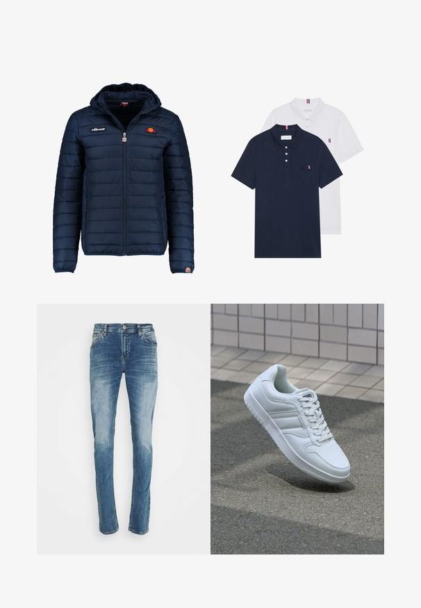 Chaqueta acolchada azul marino con capucha, cierre de cremallera, costuras en canales y acentos de logo en el pecho y la manga. Tejido suave y texturizado.; Dos camisetas polo: una de color azul marino y otra blanca, ambas con un pequeño acento en rojo, blanco y azul en el bolsillo del pecho y el cuello.; LTB LTB Smarty Timo Wash Jeans Skinny Fit - Vaqueros pitillo - dark-blue denim; Zapatilla atlética blanca con parte superior de cuero suave, cierre de cordones en el frente, puntera perforada y suela con patrón. Diseño minimalista con tres rayas laterales.
