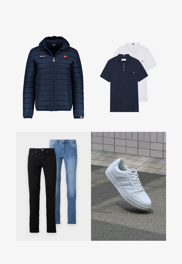 Tamsiai mėlynas pūkinis švarkas su gobtuvu, užtrauktuku, kanalų siuvimu ir logotipo akcentais krūtinėje bei rankovėje. Minkšta, tekstūruota medžiaga.; Du keturių marškiniai: vienas tamsiai mėlynas ir vienas baltas, abu su mažais raudonais, baltais ir mėlynais akcentais ant krūtinės kišenės ir apykaklės.; Du komandos džinsai: vieni juodi, kiti šviesiai mėlyni. Abu turi slim fit siluetą, penkių kišenių dizainą ir metalinę aparatūrą juosmens srityje.; Baltos sportinės kedai su lygaus odos viršumi, raišteliais priekyje, perforuotu kojų pirštu ir raštuotu padu. Minimalistinis dizainas su trimis šoninėmis juostelėmis.
