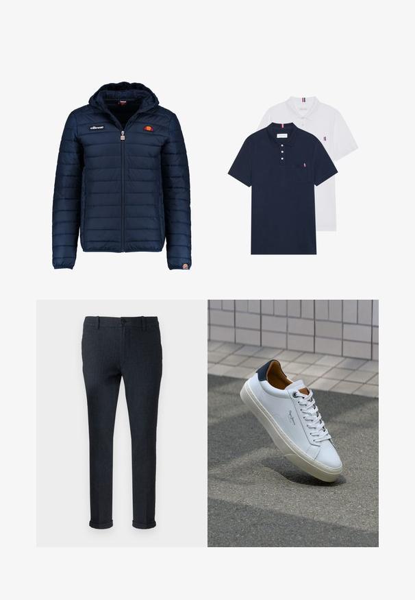 Mornaricnoplava pufasta jakna s kapuljačom, zatvaranje na zip, kanalno šivanje i akcenti s logom na prsima i rukavu. Mekani, teksturirani materijal.; Dva polo majice: jedna tamnoplava i jedna bijela, obje s malim crveno-bijelim-plavim naglaskom na džepu i ovratniku.; Tamno plave krojene hlače od teksturiranog materijala, s kopčanjem na dugme i prevrnutim rubovima za prikladan izgled.; Bijela kožna tenisica s mornarskom petom, okruglim vrhom i kontrastnim smešnim akcentima. Sadrži ravne vezice i teksturiranu gumenu potplat.