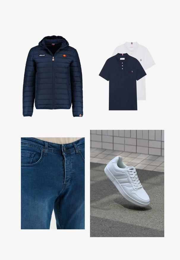 Tums zilā puffer jaka ar kapuci, rāvējslēdzēja aizdare, kanālu šuvēm un logotipa akcentiem uz krūtīm un piedurknēm. Mīksta, teksturēta auduma.; Divas polo kreklu komplekts: viens tumši zils un viens balts, abi ar mazu sarkanu, baltu un zilu akcentu uz krūšu kabatas un apkakles.; Tumši zili džinsi no denima ar klasisku piecu kabatu dizainu, pogu aizdari un vieglu izbalējumu, gludu tekstūru un izturīgu šuvēm.; Balti sporta apavi ar gludu ādas virsu, sasienamais priekšpuse, perforēts purngals un rakstaina zole. Minimālisma dizains ar trim sānu svītrām.