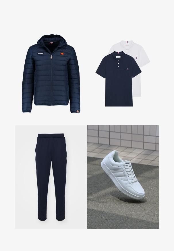 Chaqueta acolchada azul marino con capucha, cierre de cremallera, costuras en canales y acentos de logo en el pecho y la manga. Tejido suave y texturizado.; Dos camisetas polo: una de color azul marino y otra blanca, ambas con un pequeño acento en rojo, blanco y azul en el bolsillo del pecho y el cuello.; Pantalones deportivos navy con cintura elástica, bolsillos laterales y dobladillos con cremallera. Hechos de una tela suave y elástica.; Zapatilla atlética blanca con parte superior de cuero suave, cierre de cordones en el frente, puntera perforada y suela con patrón. Diseño minimalista con tres rayas laterales.