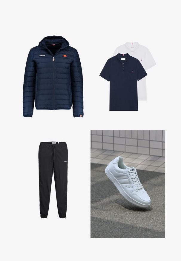 Veste matelassée bleu marine avec capuche, fermeture zippée, coutures en canaux et accents de logo sur la poitrine et la manche. Tissu doux et texturé.; Deux polos : un bleu marine et un blanc, tous deux avec un petit accent rouge, blanc et bleu sur la poche poitrine et le col.; Pantalons de sport noirs avec une taille élastique, un cordon de serrage et des chevilles resserrées. Présente un logo sur le devant et des bandes contrastantes sur les côtés.; Baskets blanches de sport avec une tige en cuir lisse, un laçage à l'avant, une pointe perforée et une semelle à motifs. Design minimaliste avec trois bandes latérales.