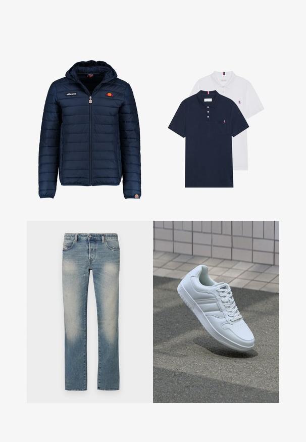 Chaqueta acolchada azul marino con capucha, cierre de cremallera, costuras en canales y acentos de logo en el pecho y la manga. Tejido suave y texturizado.; Dos camisetas polo: una de color azul marino y otra blanca, ambas con un pequeño acento en rojo, blanco y azul en el bolsillo del pecho y el cuello.; Vaqueros de corte recto en denim azul claro con zonas desgastadas, cinco bolsillos y cierre de botón. La tela muestra un leve desgaste y marcas de uso.; Zapatilla atlética blanca con parte superior de cuero suave, cierre de cordones en el frente, puntera perforada y suela con patrón. Diseño minimalista con tres rayas laterales.