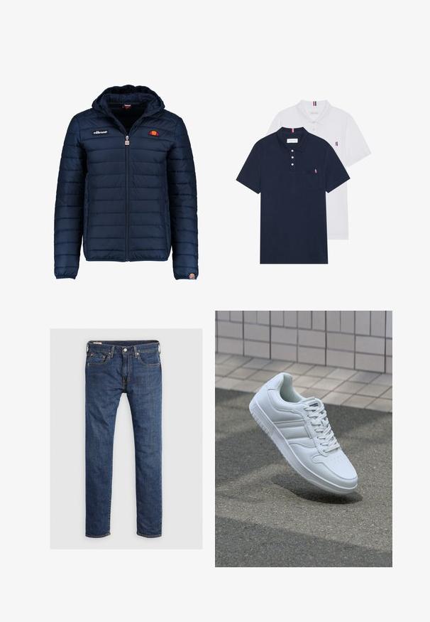 Chaqueta acolchada azul marino con capucha, cierre de cremallera, costuras en canales y acentos de logo en el pecho y la manga. Tejido suave y texturizado.; Dos camisetas polo: una de color azul marino y otra blanca, ambas con un pequeño acento en rojo, blanco y azul en el bolsillo del pecho y el cuello.; Jeans de denim azul oscuro con corte recto, que cuentan con un cierre de botón, cinco bolsillos y detalles de costura en naranja contrastante.; Zapatilla atlética blanca con parte superior de cuero suave, cierre de cordones en el frente, puntera perforada y suela con patrón. Diseño minimalista con tres rayas laterales.