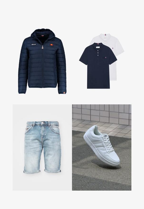 Casaco puffer azul marinho com capuz, fecho de correr, costura em canais e detalhes do logo no peito e na manga. Tecido macio e texturizado.; Duas camisetas polo: uma azul-marinho e uma branca, ambas com um pequeno detalhe em vermelho, branco e azul no bolso do peito e na gola.; Calções de ganga azul clara com um acabamento desgastado, com bainhas dobradas, cinco bolsos e fecho de botão metálico, apresentando um leve efeito de desbotamento.; Sapatilha desportiva branca com parte superior em couro liso, frente com atacadores, bico perfurado e sola padronizada. Design minimalista com três riscas laterais.