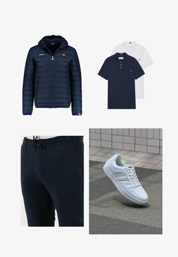 Tumedat sinised puffer jakk kapuutsiga, lukuga suletav, kanalite õmblustega ning logo aktsentidega rinnal ja varrukal. Pehme, tekstuuriga kangas.; Kaks polo särki: üks tumesinine ja üks valge, mõlemal on rinnataskul ja krael väike punase, valge ja sinise aktsent.; Tumedad sinised spordipüksid pehmest kangast, millel on elastne vöökoht koos nööriga, küljetaskud ja kitsenev jalaosa disain.; Valge spordijalanõud silederja nahkvarrega, ninast paeltega, perforatsiooni tõttu ventilatsiooniga ning mustrilise tallaga. Minimalistlik disain, millel on kolm külgmist triipu.