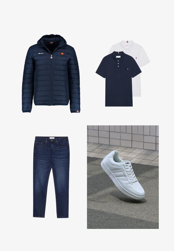 Chaqueta acolchada azul marino con capucha, cierre de cremallera, costuras en canales y acentos de logo en el pecho y la manga. Tejido suave y texturizado.; Dos camisetas polo: una de color azul marino y otra blanca, ambas con un pequeño acento en rojo, blanco y azul en el bolsillo del pecho y el cuello.; Vaqueros de mezclilla azul oscuro con corte ajustado, cinco bolsillos y detalles de costura visibles; textura suave con un ligero desgaste en los muslos.; Zapatilla atlética blanca con parte superior de cuero suave, cierre de cordones en el frente, puntera perforada y suela con patrón. Diseño minimalista con tres rayas laterales.