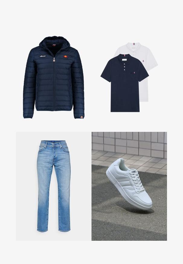 Tumedat sinised puffer jakk kapuutsiga, lukuga suletav, kanalite õmblustega ning logo aktsentidega rinnal ja varrukal. Pehme, tekstuuriga kangas.; Kaks polo särki: üks tumesinine ja üks valge, mõlemal on rinnataskul ja krael väike punase, valge ja sinise aktsent.; Heled sinine teksapüksid sirge jala disainiga, kõrge vöökohaga, viie taskuga ja kontrastse õmblusega õmbluste ääres.; Valge spordijalanõud silederja nahkvarrega, ninast paeltega, perforatsiooni tõttu ventilatsiooniga ning mustrilise tallaga. Minimalistlik disain, millel on kolm külgmist triipu.