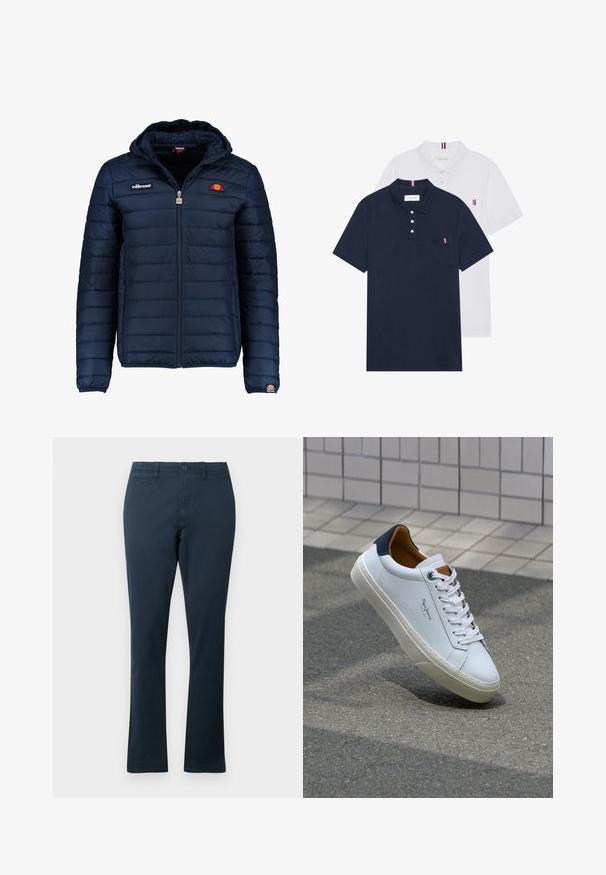 Giubbotto imbottito blu navy con cappuccio, chiusura con zip, cuciture a canale e dettagli con logo sul petto e sulla manica. Tessuto morbido e testurizzato.; Due polo shirt: uno blu navy e uno bianco, entrambi con un piccolo accento rosso, bianco e blu sulla tasca del petto e sul colletto.; Pantaloni blu navy in misto cotone con design a gamba dritta, dotati di tasche anteriori, chiusura con bottone e passanti per cintura. Texture liscia.; Sneaker bianca in pelle con tallone blu, punta rotonda e accenti marroni a contrasto. Presenta lacci piatti e suola in gomma testurizzata.