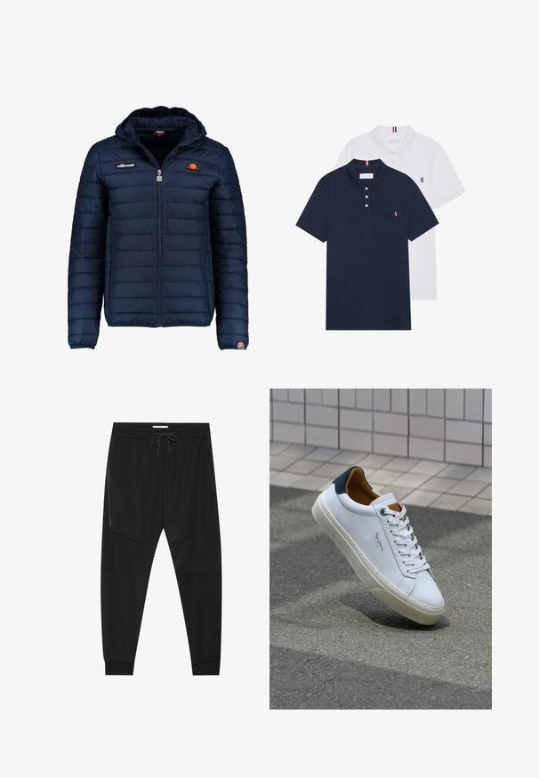 Marineblå puffjakke med hette, glidelås, kanalsøm og logoaksenter på brystet og ermet. Mykt, teksturert stoff.; To polo skjorter: en marineblå og en hvit, begge med en liten rød, hvit og blå aksent på brystlommen og kragen.; Sorte treningsbukser laget av teksturert stoff, med justerbart liv, glidelåslomme på siden og avsmalnende mansjetter.; Hvit lærsneaker med marineblå hæl, rund tå og kontrasterende brune detaljer. Har flate lisser og teksturert gummisåle.
