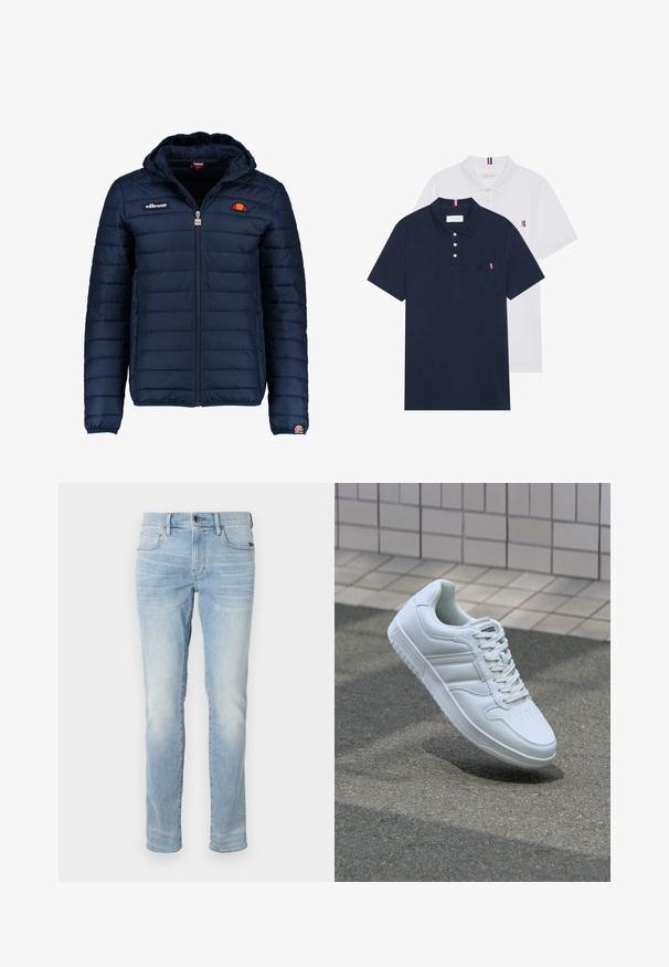 Chaqueta acolchada azul marino con capucha, cierre de cremallera, costuras en canales y acentos de logo en el pecho y la manga. Tejido suave y texturizado.; Dos camisetas polo: una de color azul marino y otra blanca, ambas con un pequeño acento en rojo, blanco y azul en el bolsillo del pecho y el cuello.; Jeans de denim azul claro con corte ajustado, que cuentan con bolsillos frontales, cremallera y un ligero desgaste. Diseño clásico de cinco bolsillos.; Zapatilla atlética blanca con parte superior de cuero suave, cierre de cordones en el frente, puntera perforada y suela con patrón. Diseño minimalista con tres rayas laterales.