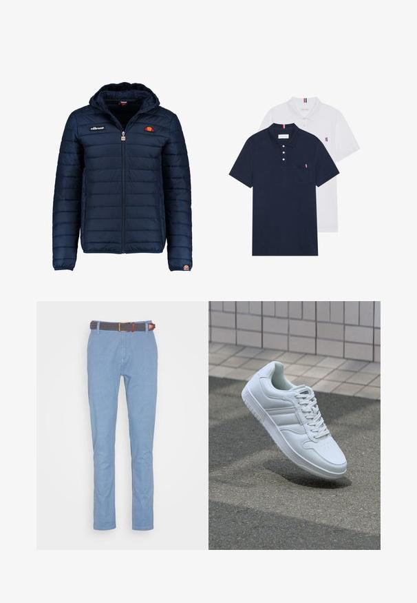 Tamsiai mėlynas pūkinis švarkas su gobtuvu, užtrauktuku, kanalų siuvimu ir logotipo akcentais krūtinėje bei rankovėje. Minkšta, tekstūruota medžiaga.; Du keturių marškiniai: vienas tamsiai mėlynas ir vienas baltas, abu su mažais raudonais, baltais ir mėlynais akcentais ant krūtinės kišenės ir apykaklės.; Šviesiai mėlynos medvilninės kelnės su plokščiu priekiu, tiesia kojų forma ir raštuota audinio juosta su rudais akcentais.; Baltos sportinės kedai su lygaus odos viršumi, raišteliais priekyje, perforuotu kojų pirštu ir raštuotu padu. Minimalistinis dizainas su trimis šoninėmis juostelėmis.