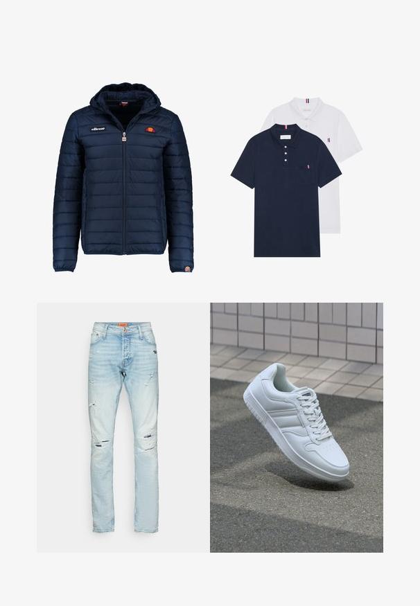 Mornaricnoplava pufasta jakna s kapuljačom, zatvaranje na zip, kanalno šivanje i akcenti s logom na prsima i rukavu. Mekani, teksturirani materijal.; Dva polo majice: jedna tamnoplava i jedna bijela, obje s malim crveno-bijelim-plavim naglaskom na džepu i ovratniku.; Svijetloplave traperice ravnog kroja, s istrošenim razderotinama sprijeda i malenim ispiranjem. Klasičan dizajn s pet džepova.; Bijela atletska tenisica s glatkim kožnim gornjim dijelom, vezanjem sprijeda, perforiranim vrhom i uzorkovanim đonom. Minimalistički dizajn s tri bočne pruge.