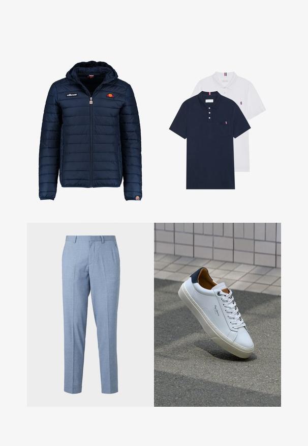 Tums zilā puffer jaka ar kapuci, rāvējslēdzēja aizdare, kanālu šuvēm un logotipa akcentiem uz krūtīm un piedurknēm. Mīksta, teksturēta auduma.; Divas polo kreklu komplekts: viens tumši zils un viens balts, abi ar mazu sarkanu, baltu un zilu akcentu uz krūšu kabatas un apkakles.; Gaiši zili veidoti bikses ar struktūrētu apdari, pielāgotu dizainu un taisnu kāju. Iekļautas priekšējas kabatas un siksnas cilpas.; Baltas ādas čības ar tumši zilu papēdi, apaļu purngalu un kontrastējošām brūnām detaļām. Aprīkotas ar plakanu auklu un struktūrētu gumijas zoli.