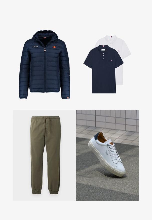 Tumedat sinised puffer jakk kapuutsiga, lukuga suletav, kanalite õmblustega ning logo aktsentidega rinnal ja varrukal. Pehme, tekstuuriga kangas.; Kaks polo särki: üks tumesinine ja üks valge, mõlemal on rinnataskul ja krael väike punase, valge ja sinise aktsent.; Olive rohelised jalgpüksid, mis on valmistatud pehmest kangast, elastse vöökoha, kummipaela sulgemise ja elastsete sääreotstega.; Valge nahast tennis, millel on tumesinine konts, ümmargune nina ja kontrastsed pruuni aktsendid. Omab lamepaelti ja tekstureeritud kummist tallat.