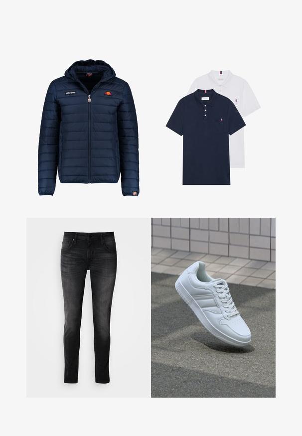 Tummansininen puhvitakki, jossa on huppu, vetoketjukiinnitys, kanavapistoilu ja logoteemaiset yksityiskohdat rinnassa ja hihassa. Pehmeä, teksturoitu kangas.; Kaksi polo-paitaa: yksi tummansininen ja yksi valkoinen, molemmissa pieni punainen, valkoinen ja sininen yksityiskohta rintataskussa ja kauluksessa.; Mustat farkut, joissa on slim fit -malli, viisi_taskua, hienovarainen haalistuma ja kontrastivärinen ommel. Varustettu klassisella metallinappikiinnityksellä ja vetoketjulla.; Valkoiset urheilukengät, joissa on sileä nahkapinta, nauhakiinnitys edessä, rei'itetty kärki ja kuvioitu pohja. Minimalistinen muotoilu, jossa on kolme sivuraitaa.