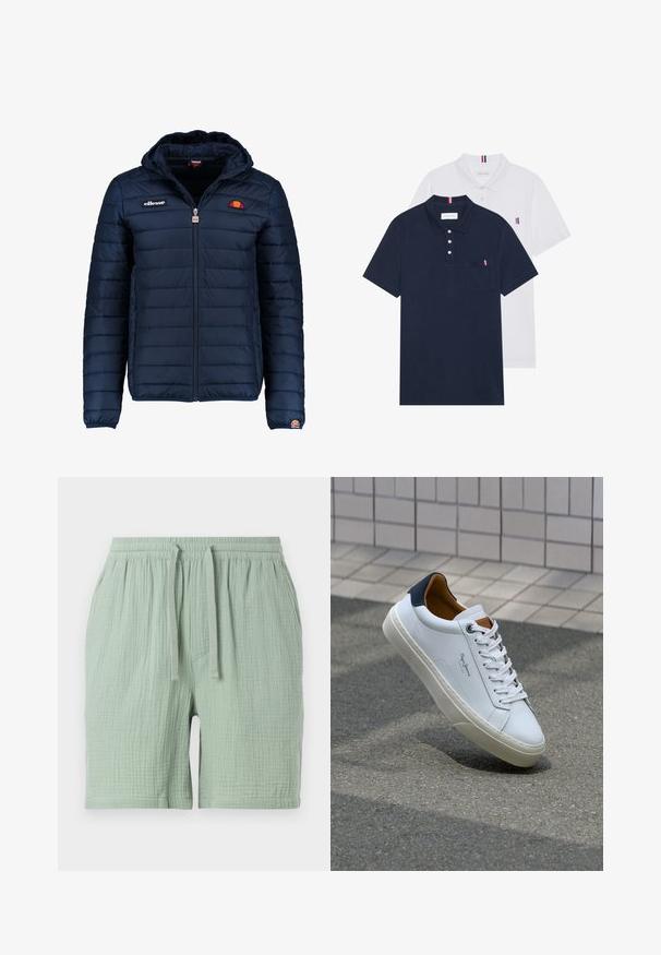 Námornícky modrá prešívaná bunda s kapucňou, zipsom, kanálovým prešívaním a logovými akcentmi na hrudi a rukáve. Mäkkučká, textúrovaná tkanina.; Dvoje polo tričiek: jedno námornícky modré a jedno biele, obidve s malým červeným, bielym a modrým akcentom na vrecku a golieri.; Svetlozelené bavlnené šortky s elastickým pásom a šnúrkou. Textúrovaná, mierne zvrásnená tkanina s bočnou kapsou.; Biele kožené tenisky s námorníckym opätkom, okrúhlou špičkou a kontrastnými hnedými akcentami. Majú ploché šnúrky a textúrovanú gumovú podrážku.