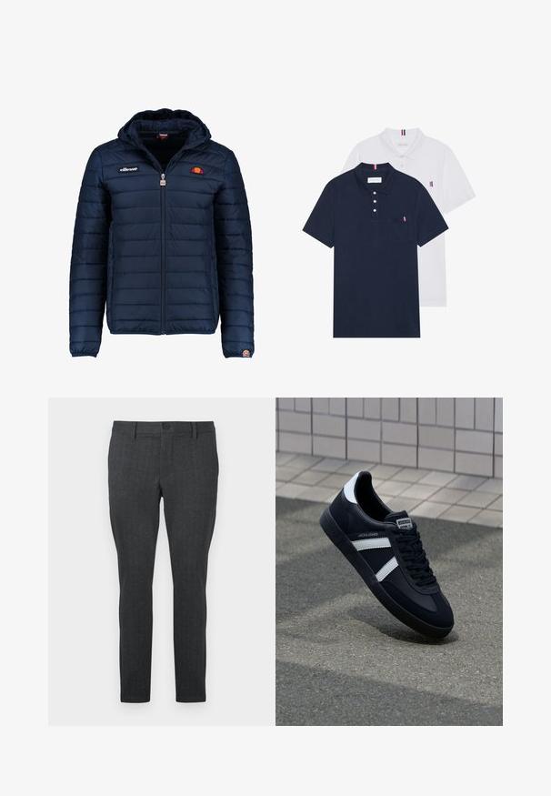 Navy blue puffer jacket with a hood, zip closure, channel stitching, and logo accents on the chest and sleeve. Soft, textured fabric.; Two polo shirts: one navy blue and one white, both with a small red, white, and blue accent on the chest pocket and collar.; Dark gray trousers with a textured pattern, slim fit, standard waist with a single button, and straight legs, designed for a modern look.; Black leather sneaker with white stripes, textured rubber sole, and lace-up front. Features a branded label on the tongue.