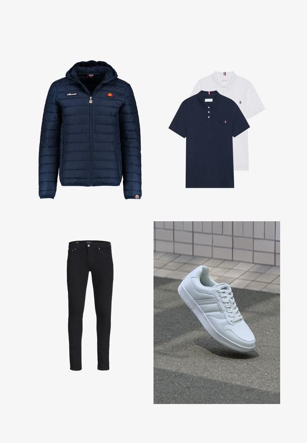 Tengerészkék puffos dzseki kapucnival, cipzáras záródással, csatorna varrással, és logóval díszített mellkassal és ujjakkal. Puha, texturált anyag.; Két pólóing: az egyik sötétkék, a másik fehér, mindkettőn kicsi piros, fehér és kék díszítés található a mellzsebből és a galléron.; Fekete, slim-fit farmernadrág, klasszikus öt zsebes kialakítással, övtartókkal és cipzárral ellátott, gombos záródással.; Fehér sportcipő sima bőr felsőrésszel, fűzős elülettel, perforált orral és mintázott talppal. Minimalista dizájn három oldalsávval.