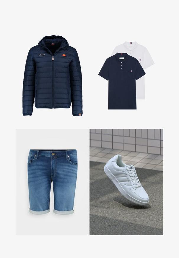 Tengerészkék puffos dzseki kapucnival, cipzáras záródással, csatorna varrással, és logóval díszített mellkassal és ujjakkal. Puha, texturált anyag.; Két pólóing: az egyik sötétkék, a másik fehér, mindkettőn kicsi piros, fehér és kék díszítés található a mellzsebből és a galléron.; Középkék farmer rövidnadrág, enyhe kopással, gombos záródással, öt zsebbel és felgöngyölt szárakkal a laza megjelenés érdekében.; Fehér sportcipő sima bőr felsőrésszel, fűzős elülettel, perforált orral és mintázott talppal. Minimalista dizájn három oldalsávval.
