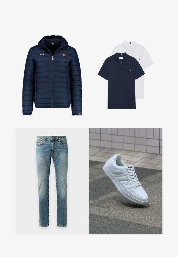 Chaqueta acolchada azul marino con capucha, cierre de cremallera, costuras en canales y acentos de logo en el pecho y la manga. Tejido suave y texturizado.; Dos camisetas polo: una de color azul marino y otra blanca, ambas con un pequeño acento en rojo, blanco y azul en el bolsillo del pecho y el cuello.; Jeans de mezclilla azul claro con corte recto, cinco bolsillos, herrajes de latón y un leve desgaste en las piernas. Detalle de costura clásica.; Zapatilla atlética blanca con parte superior de cuero suave, cierre de cordones en el frente, puntera perforada y suela con patrón. Diseño minimalista con tres rayas laterales.