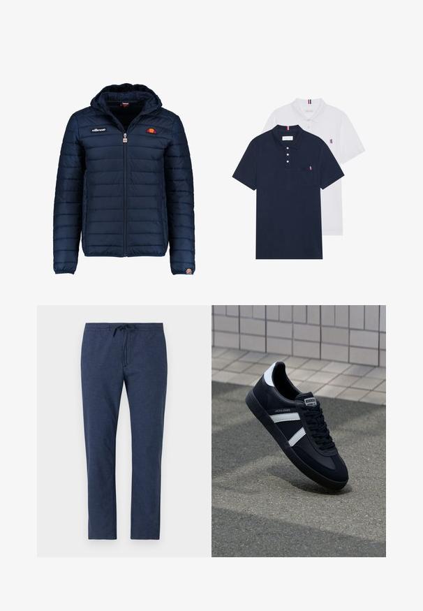 Mornaricnoplava pufasta jakna s kapuljačom, zatvaranje na zip, kanalno šivanje i akcenti s logom na prsima i rukavu. Mekani, teksturirani materijal.; Dva polo majice: jedna tamnoplava i jedna bijela, obje s malim crveno-bijelim-plavim naglaskom na džepu i ovratniku.; Tamne plave hlače izrađene od lagane tkanine, s elastičnim pojasom i vezicom, te ravnim krojem.; Crne kožne tenisice s bijelim prugama, strukturirana gumena potplate i vezanjem sprijeda. Ima oznaku brenda na jeziku.