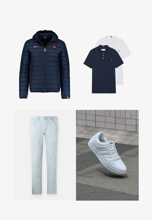 Temno modra napihnjena jakna s kapuco, z zadrgo, kanalnim šivom in logotipom na prsih in rokavu. Mehka, teksturirana tkanina.; Dve polo majice: ena mornarsko modra in ena bela, obe z majhnim rdečim, belim in modrim poudarjanjem na žepu in ovratniku.; Svetlo modri kavbojke s ravnim krojem, ki se ponašajo z uničenimi detajli na kolenih, petimi žepi ter z gumbom in zadrgo za zapiranje.; Bela atletska teniska obutev z gladkim usnjenim zgornjim delom, vezanjem spredaj, perforiranim prstom in vzorčastim podplatom. Minimalistična zasnova s tremi stranskimi črtami.