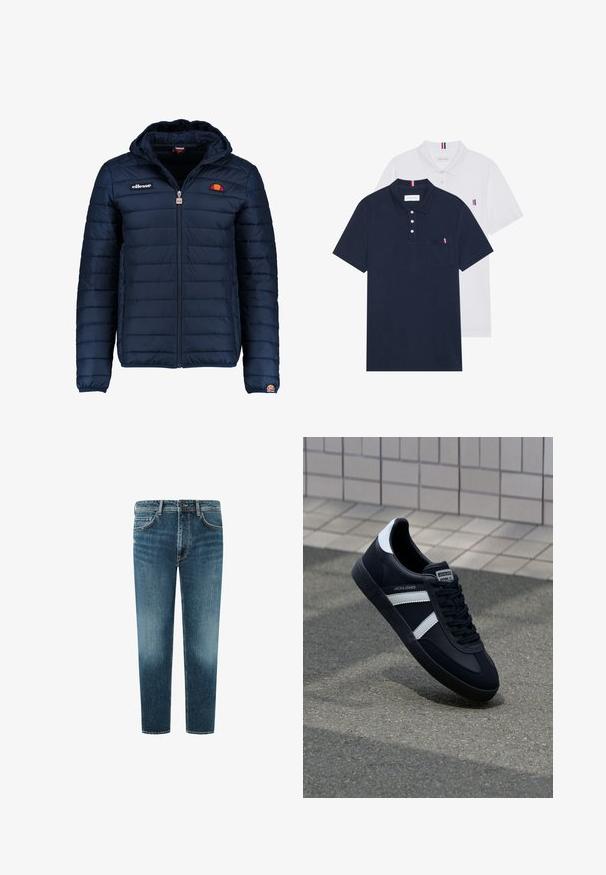 Tummansininen puhvitakki, jossa on huppu, vetoketjukiinnitys, kanavapistoilu ja logoteemaiset yksityiskohdat rinnassa ja hihassa. Pehmeä, teksturoitu kangas.; Kaksi polo-paitaa: yksi tummansininen ja yksi valkoinen, molemmissa pieni punainen, valkoinen ja sininen yksityiskohta rintataskussa ja kauluksessa.; Farkkuhousut, joissa on keskilevyn sininen pesu, suora lahje, viisi taskua ja kontrastivärinen ommel. Siisti viimeistely helmassa.; Mustat nahkakengät valkoisilla raidoilla, teksturoitu kumipohja ja nauha edessä. Varustettu merkkitarralla kielen päällä.