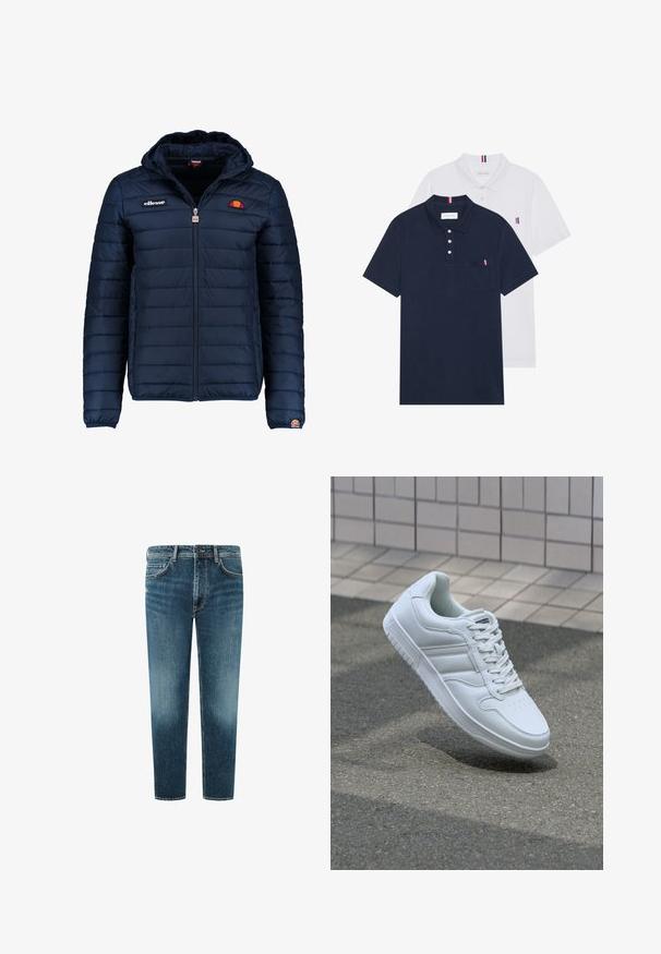 Tumedat sinised puffer jakk kapuutsiga, lukuga suletav, kanalite õmblustega ning logo aktsentidega rinnal ja varrukal. Pehme, tekstuuriga kangas.; Kaks polo särki: üks tumesinine ja üks valge, mõlemal on rinnataskul ja krael väike punase, valge ja sinise aktsent.; Keskmise sinise pesu ja otse jala disainiga denim teksad, viie taskuga stiil ja kontrastne õmblus. Puhtalt lõpetatud äär.; Valge spordijalanõud silederja nahkvarrega, ninast paeltega, perforatsiooni tõttu ventilatsiooniga ning mustrilise tallaga. Minimalistlik disain, millel on kolm külgmist triipu.