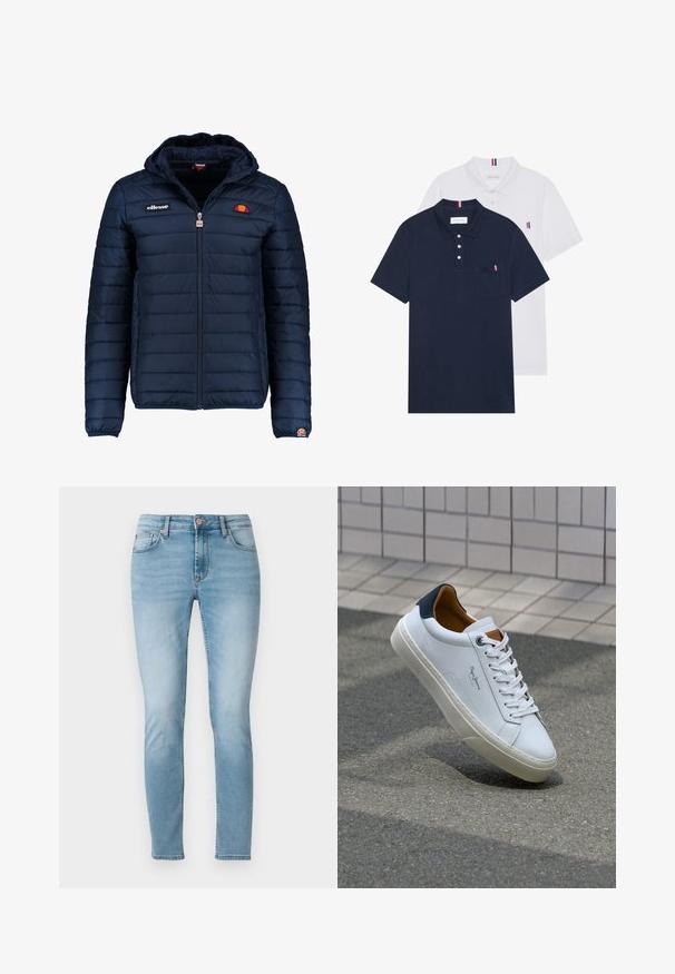 Tumedat sinised puffer jakk kapuutsiga, lukuga suletav, kanalite õmblustega ning logo aktsentidega rinnal ja varrukal. Pehme, tekstuuriga kangas.; Kaks polo särki: üks tumesinine ja üks valge, mõlemal on rinnataskul ja krael väike punase, valge ja sinise aktsent.; Heledad sinised kitsad teksad, valmistatud denimist, keskmise kõrguse vöökohaga, viie tasku ja õrnade pleekimisega reie piirkonnas. Nööbiga sulgemine vöökohal.; Valge nahast tennis, millel on tumesinine konts, ümmargune nina ja kontrastsed pruuni aktsendid. Omab lamepaelti ja tekstureeritud kummist tallat.