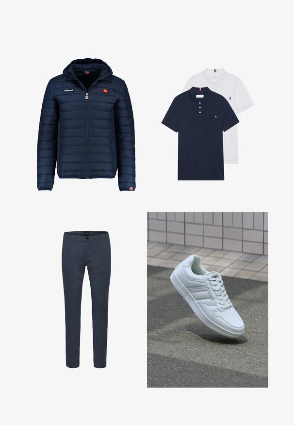 Temno modra napihnjena jakna s kapuco, z zadrgo, kanalnim šivom in logotipom na prsih in rokavu. Mehka, teksturirana tkanina.; Dve polo majice: ena mornarsko modra in ena bela, obe z majhnim rdečim, belim in modrim poudarjanjem na žepu in ovratniku.; Temno modri krojeni hlače iz tkanine, z gumbom za zapiranje, sprednjimi žepi in ozkim krojem. Gladka tekstura z nežnim sijajem.; Bela atletska teniska obutev z gladkim usnjenim zgornjim delom, vezanjem spredaj, perforiranim prstom in vzorčastim podplatom. Minimalistična zasnova s tremi stranskimi črtami.